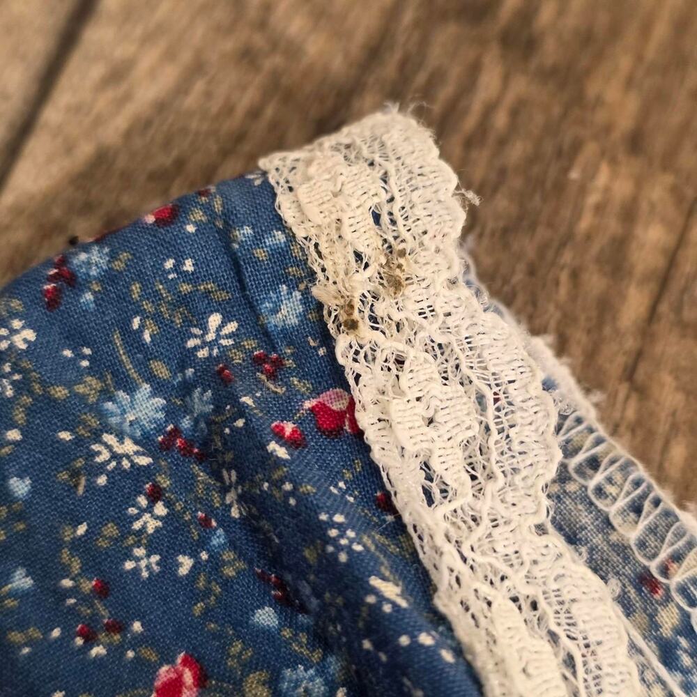 Vintage Prairie Dress Blue Floral Lace Trim Cottage Midi Dress Mirco Dark Floral - Picture 5 of 8